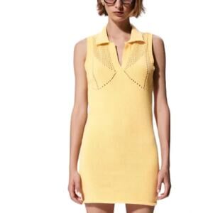 ZARA Yellow PERFORATED collated Knit tennis Dress Size Medium